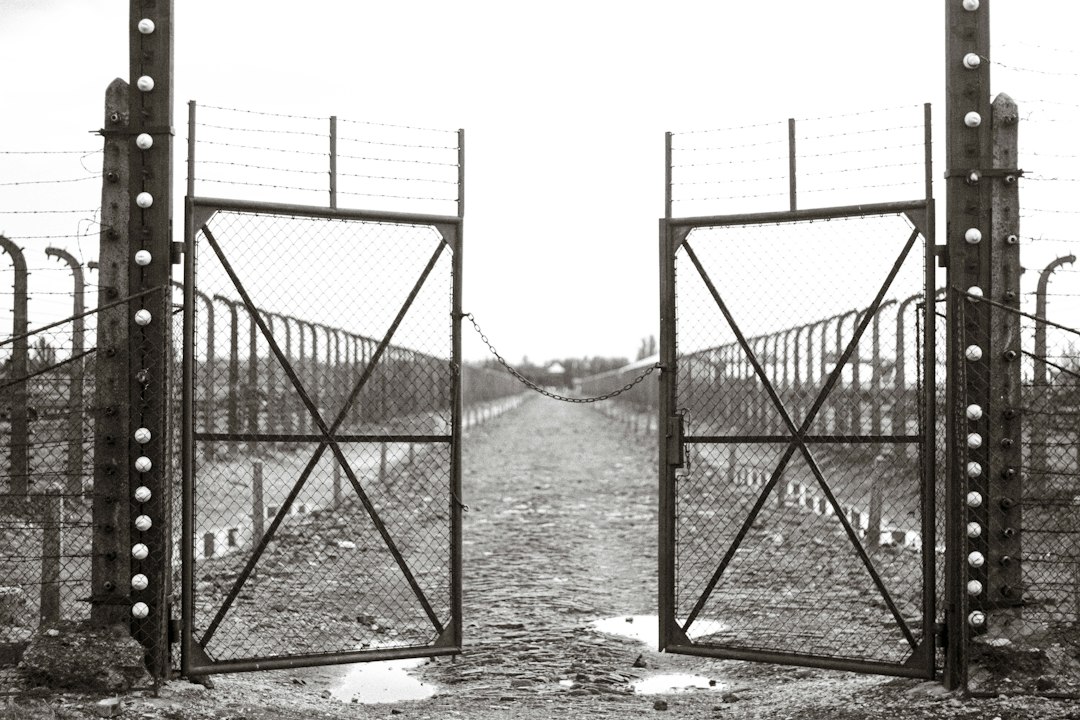 A black and white photo of two gates in Pearland, TX
